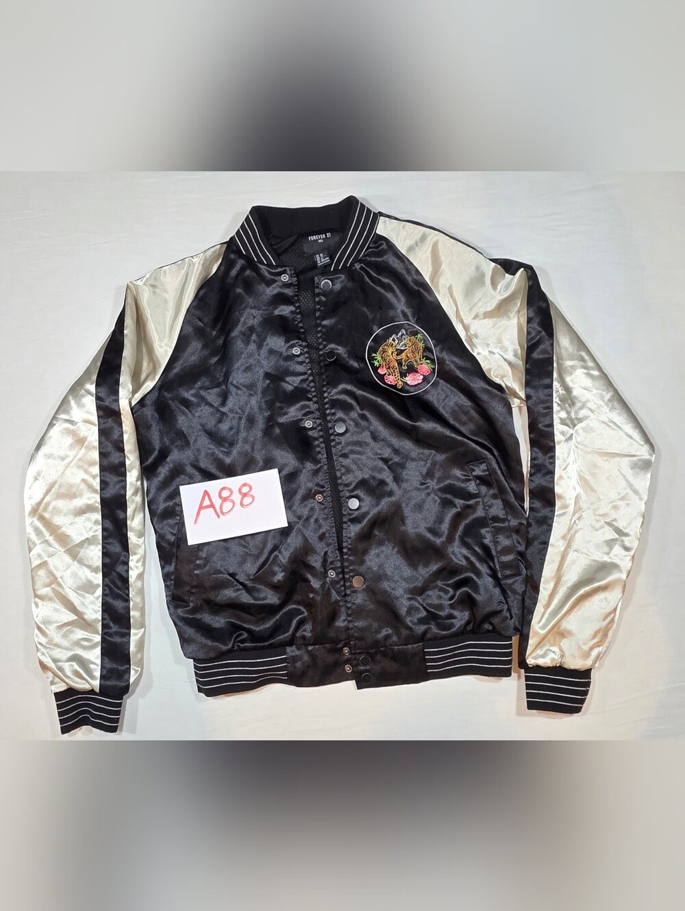 Forever 21 Black Satin Bomber Jacket with Cream Sleeves